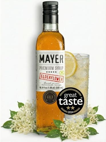 Mayer Elderflower Syrup ( Cordial ), Award - Winning, Only Real Elderflowers and 3 Natural Ingredients, Vegan, Gluten Free, Perfect for Cocktails, Lemonades, Coffee, Desserts - No Artificial Additives, Rich Authentic Flavor ( 1 Pack )