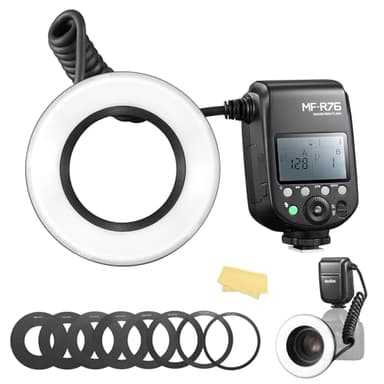 Godox MF R76 Macro LED Ring Flash 76Ws 660 Full-Power Flashes Recycle Time 0.1-1.5S Dual-Flash Tubes Power Adjustment 1/128 to 1/1 10 Levels of Power Ratio for Canon Nikon Sony Fuji Olympus Panasonic