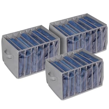 Zilink Upgraded Wardrobe Clothes Organizer with Support Board Clear Pants Organizer Bins for Closet with 7 Grids Divider Sweater Organizer for Closet for Jean Pant Sweater Legging T-Shirt, 3 Pack