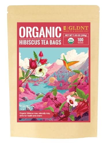 GLDNT Organic Hibiscus Tea Bags, Caffeine Free, Natural Flowers, Refreshing Tart Flavor, 100 Count