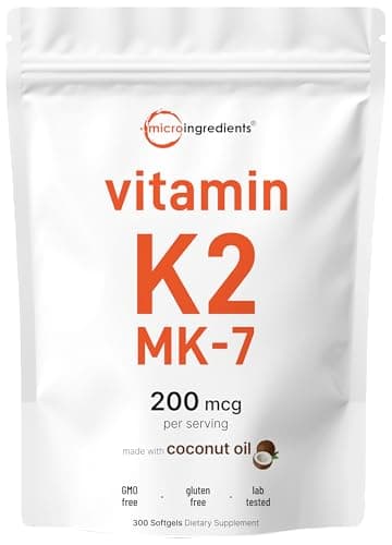 Micro Ingredients Vitamin K2 MK-7 Supplement, 200 mcg Per Serving, 300 Coconut Oil Softgles | Easily Absorbed, Active Menaquinone Form | Non-GMO