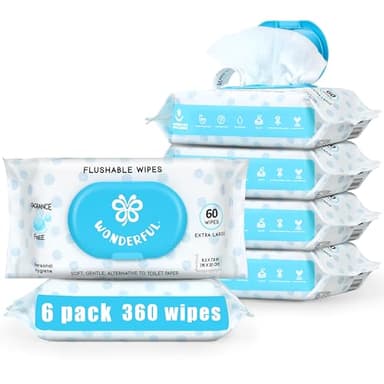 WONDERFUL Flushable Wipes, Unscented 100% Plant-Based Wet Butt Wipe for Adults & Kids, Sewer Septic Safe, Gentle for Sensitive Skin, Wipes Flushable Pack for Bathroom & Travel, 6-Pack (360 Counts)