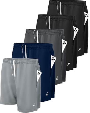 NY Threads 5 Pack Men's Athletic Shorts Quick Dry Loose-Fit Lightweight Running Workout Gym Shorts with Pockets, Large, Black/Black/Navy/Dark Grey/Medium Grey