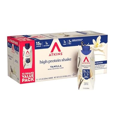 Atkins Vanilla High Protein Shake, 15g Protein, Low Glycemic, Low Carb and Low Sugar Protein Shakes, Keto Friendly Ready to Drink Shakes, 12 Vanilla Flavored Protein Shakes