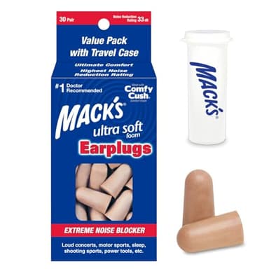 Mack's Ultra Soft Foam Earplugs, 30 Pair - 33dB Highest NRR, Comfortable Ear Plugs for Sleeping, Snoring, Travel, Concerts, Studying, Loud Noise, Work | Made in USA