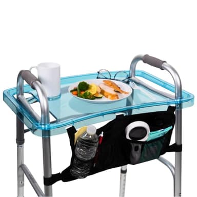 StrongArm Clear View Walker Tray + Bag + Non-Slip Mat & Cup Holder, Tray for Folding Walkers, Food Tray, Walker Accessories, Tray Table for Standard Adult Walkers (Blue)