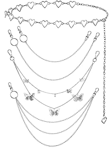 Jadive 5 Pieces Belt Chain Jeans Pants Pocket Waist Multi-Layer Hip Hop Metal Wallet Chain for Men Women(Butterfly,Silver)