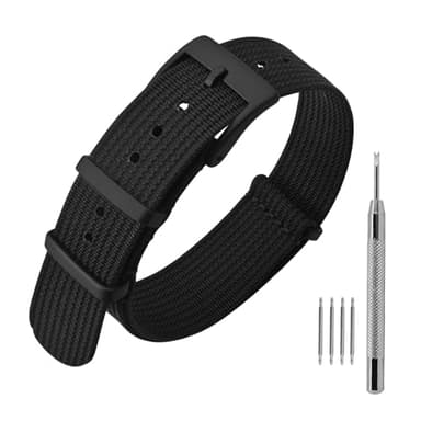 ANNEFIT Nylon Watch Band 20mm, One-Piece Waterproof Military Watch Straps with Heavy Black Buckle (Black)