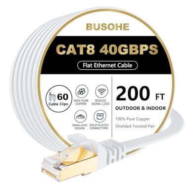 BUSOHE Cat 8 Ethernet Cable 200 FT, 40Gbps 2000Mhz High Speed Flat Cat8 Cable Patch Cord with Gold-Plated RJ45 Connector, LAN Network Internet Cable with 60 Clips for Router/Gaming/Computer, S/FTP