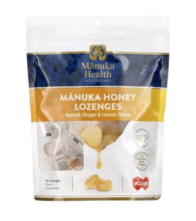 Manuka Health Manuka Honey Cough Drops – 58 Natural Lemon & Ginger Flavored Throat Lozenges Infused with Raw Manuka Honey and Vitamin C for Immune Support