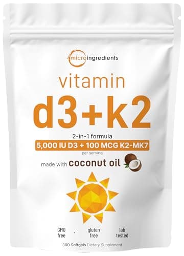 Micro Ingredients Vitamin D3 5,000 IU + K2 MK-7 100 mcg, 300 Softgels | Virgin Coconut Oil | 2-in-1 Bone, Immune & Heart Support | Easy to Swallow, Non-GMO