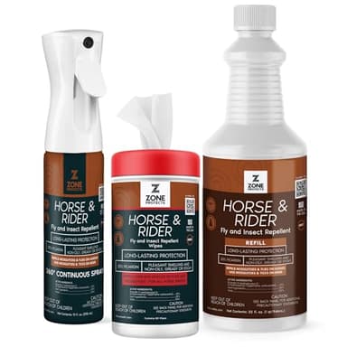Horse & Rider Fly Insect Repellent Starter Pack – Picaridin 10oz Continuous Spray 32oz Refill 80ct Face Ear Wipes – 12 Hour Protection for Horses Riders Mosquitoes Gnats Ticks