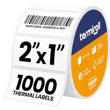 Termiroll 2x1 Thermal Labels Roll – 1000 Labels for Barcode, SKU & FNSKU – Direct Thermal, Strong Adhesive, Jam-Free Printing – Compatible with Rollo, Zebra, Munbyn (Not for Large Shipping Labels)