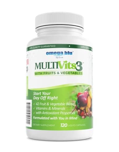 OMEGA BLU Multi Vits 3 Multivitamin - 2 Per Day - 70+ Ingredients - 42 Fruits & Vegetables - CoQ10 for Heart Health - Brain, Energy, Vision Support - Vitamins & Minerals - 60 Servings