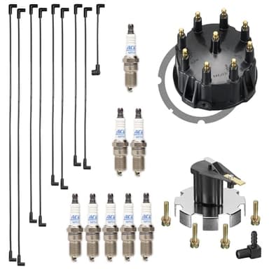 RPS Marine Tune Up Kit - Fits Mercruiser 5.0L, 5.7L, 7.4L & 8.2L V8 Thunderbolt Ignition Engines - Includes Distributor Cap, Rotor, 8MM Spark Plug Wires, and 8 MR43T Spark Plugs.