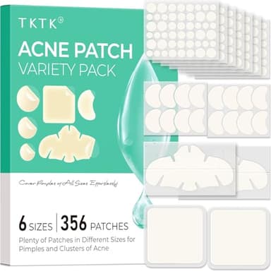 TKTK Pimple Patches for Face, 6 Sizes Hydrocolloid Acne Patch Variety, Large Acne Stickers for Cheeks, Forehead, Chin, Nose, Back Blemishes Zit Breakouts (4 Shapes 356 Count)