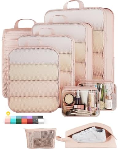 Veken 9/11 Set Compression Packing Cubes for Travel Essentials,Compressible Expandable Large Luggage Suitcase Organizer Bags for Clothing,Durable Space Saver Storage Bags with Toiletry Bags(Beige)