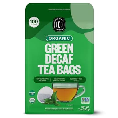 FGO Organic Green Decaf Tea, 100 Count, Eco-Conscious Tea Bags, Resealable Bag, Caffeine Free, Packaging May Vary (Pack of 1)