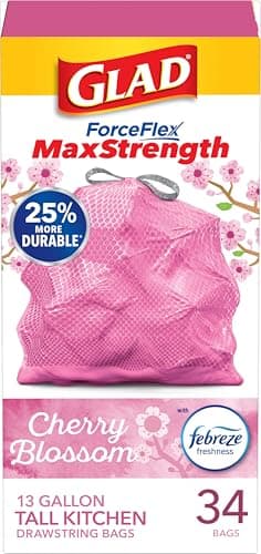 Glad Tall Kitchen Trash Bags 13 Gallon, MaxStrength Cherry Blossom Garbage Bags, Odorshield with Drawstring, 34 Count