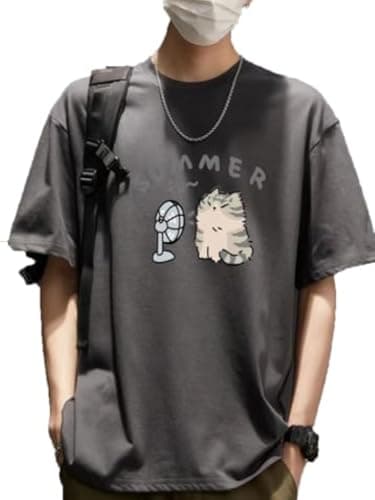 Women's Cute Cat Cartoon Print T-Shirt Kawaii Oversized Graphic Tees Y2K Men's Short Sleeve Tees Grunge Clothes (US, Alpha, Small, Regular, Regular, Gray)