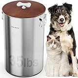33-35 Lb Stainless Steel Dog Food Storage Container with Airtight Wooden Lid to Keep Fresh, Metal Dog Food Containers with Ceramic Handle, Easy Cleaning Pet Food Storage Containers, Cat Food Container