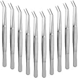 Honoson 10 Pcs Stainless Steel Tweezers for Crafting with Curved Serrated Tip Multipurpose Forceps Sewing Machine Tweezers Bulk (Silver)