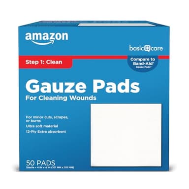 Amazon Basic Care Gauze Pads, 4x4 inches Sterile Medical Wound Dressing Sponges for Cleaning, Covering, & Cushioning Cuts & Minor Injuries, 50 Count (Pack of 1), (Previously All Health)