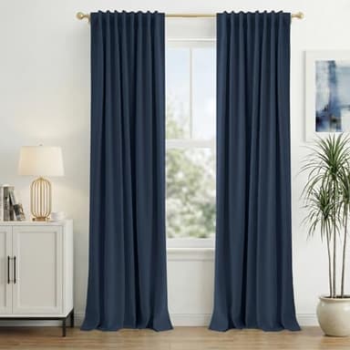 INOVADAY 100% Blackout Curtains 84 Inches Length 2 Panels Set, Back Tab/Rod Pocket Linen Black Out Curtains for Bedroom, Thermal Insulated Window Drapes - Midnight Blue, W50 X L84