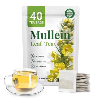 Premium 40 Mullein Tea Bags For Lungs - 100% Pure Mullein Leaf | For Lung Health & Respiratory Wellness Support | Caffeine Free - No Additives & Non-GMO | Plastic-Free, Plant-Based Tea Bags