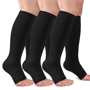 CTHH 3 Pack Copper Compression Socks for Women & Men, 20-30mmHg Open Toe Knee High Stockings for Circulation Support Toeless Flying Flight Pregnant Pregnancy Maternity Black Large-X-Large