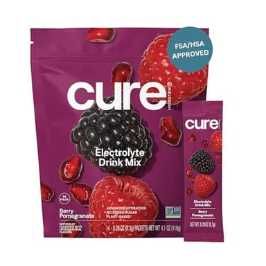 Cure Hydration | Plant-Based Electrolyte Drink Mix | No Added Sugar | FSA-HSA | Dehydration Relief Powder Made with Coconut Water | Non-GMO | Vegan | Pouch of 14 Packets - Berry Pomegranate