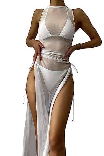 Women's Swimsuit Cover Up Mesh Maxi Dress Sheer High Split Bathing Suit Bikini Swimwear Cover Up Dress with Drawstring White S
