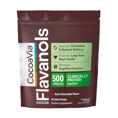 CocoaVia Cocoa Flavanols 500mg, High Flavanol Cocoa Powder, Support Heart and Brain Health, Boosts Nitric Oxide, Circulation, Preworkout, Travel-Friendly, Vegan, Dark Chocolate, 15 Single Serve Sticks