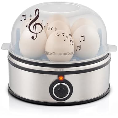 Elite Gourmet EGC855SS Easy Egg Cooker, 7-Egg Capacity, Soft, Medium, Hard-Boiled, Omelets, Poached Eggs, Plays Melody when Done, Auto Shut-Off, Measuring Cup, Stainless Steel