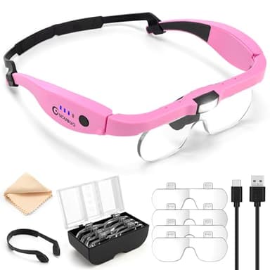 GUOUBUO Magnifying Glass with Light, 1.5X-5.0X Magnifying Glasses, Rechargeable Magnifier Headset with Light, Head Magnifier with 4 Detachable Lenses, Magnify Glasses for Close Work Crafts Jewelry