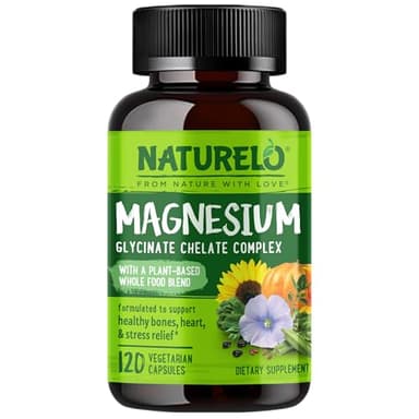 NATURELO Magnesium Glycinate Chelate Complex - 200 mg Magnesium with Organic Vegetables to Support Sleep, Calm, Muscle Cramp & Stress Relief - Gluten Free, Non GMO - 120 Capsules