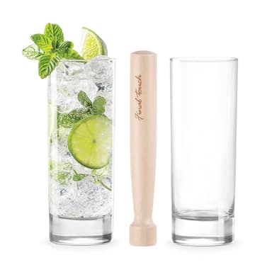 Final Touch Premium Mojito Set - Includes 2 Tom Collins Glasses & Wooden Muddler - 10oz Slim Highball Glasses with Thick Base - Complete Cocktail Kit for Perfect Mojitos (FTA1835)