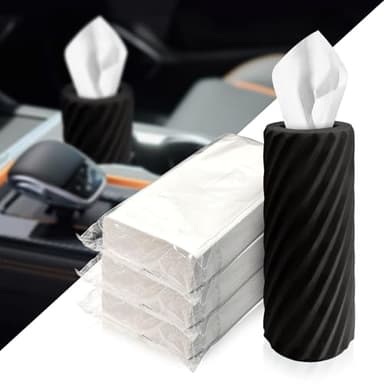 Car Tissue Holder, Refillable Round Cylinder with 3 Tissue Packs, Universal Fit for Vehicle Cup Holder, Home & Office, Car Accessories Interior (Black)