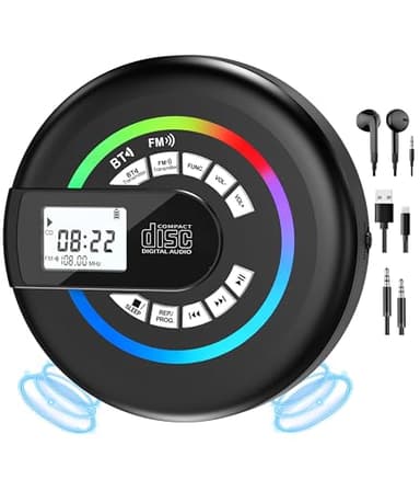 Portable CD Player with Speaker Bluetooth Disman for Car with FM Transmitter Rechargeable Lightweight Anti-Skip Protection Repeat Headphones AUX/USB LCD Display RGB Light Gifts Kids Student