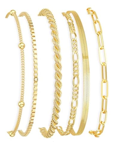 DEARMAY 14K Gold Plated Bracelets for Women Jewelry Sets Stack Trendy Dainty Stackable Paperclip Rope Snake Box Figaro Chain Bracelets Pack Costume Fashion Gifts