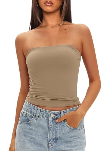 Darong Women's Tube Tops Strapless Bandeau Tops Double Lined Slim Fit Summer Going Out Tank Tops 9205 Khaki M