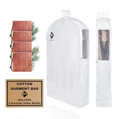 Premium 40” Short Cotton Garment Bag For Hanging Clothes And Storage | Wide 6” Gusset & 4 Cedar Blocks For Fresh Smell And Moth Protection | Best For Suits, Fur Coats, Leather Jackets, Sweaters.