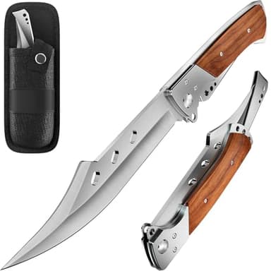 Grand Way Long Blade Folding Knife - Sharp Hunting Hiking Camping Tactical Survival Work Knives for Men Women - Foldable Large Knife with Rosewood Handle - Stocking Stuffers Gifts 4172