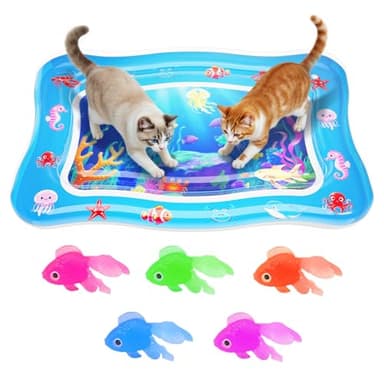 Cat Water Mat - Interactive Cat Toys Upgraded Thickened 0.7mm PVC Cooling & Heating Water Bed with Floating Fish, Anti-Scratch Leak Proof Foldable Water Sensor Play Mat for indoor/Outdoor Cats