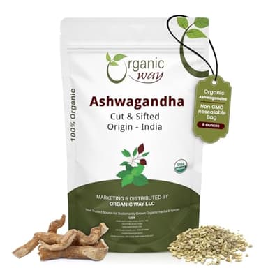Organic Way Ashwagandha Root Cut & Sifted (Withania Somnifera) - Organic & Kosher Certified | Vegan, Non GMO & Gluten Free | USDA Certified | Origin - India (1/2LBS / 8Oz.)