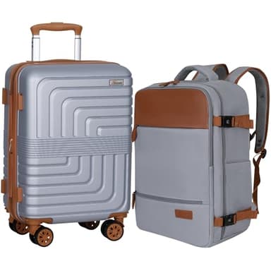 Romswi 21In Carry Sets, Expandable Carry On Luggage Set with Backpack, PC+ABS Hardside Carry-On Suitcase Set with YKK Zipper & Spinner Wheels Silver
