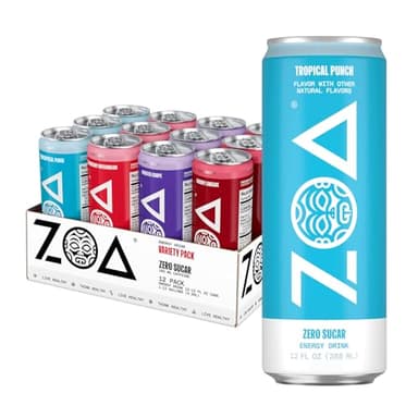 ZOA Zero Sugar Energy Drinks with Electrolytes, Vitamin C, Amino Acids, B-Vitamins, Made with Green Tea Caffeine, Sugar-Free Variety Pack- Four Flavors, 12 Fl Oz Cans (12-Pack)