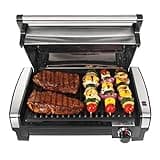 Hamilton Beach Electric Indoor Searing Grill with Adjustable Temperature Control to 450F, 118 sq. in. Surface Serves 6, PFAS-Free Removable Nonstick Grate, Stainless Steel (25360)
