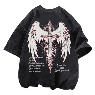 Lytiarul Vintage Goth Punk Shirts for Men Grunge Streetwear Oversized Tshirts Gothic Cross Y2k Graphic Tees Acid Wash T Shirt(Black,S)