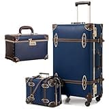 urecity Navy Blue Vintage Luggage Set of 3 Pieces, 20 Inch Carry-On Spinner Luggage, 12 Inch Tote Case, 12.5 Inch Makeup Train Case